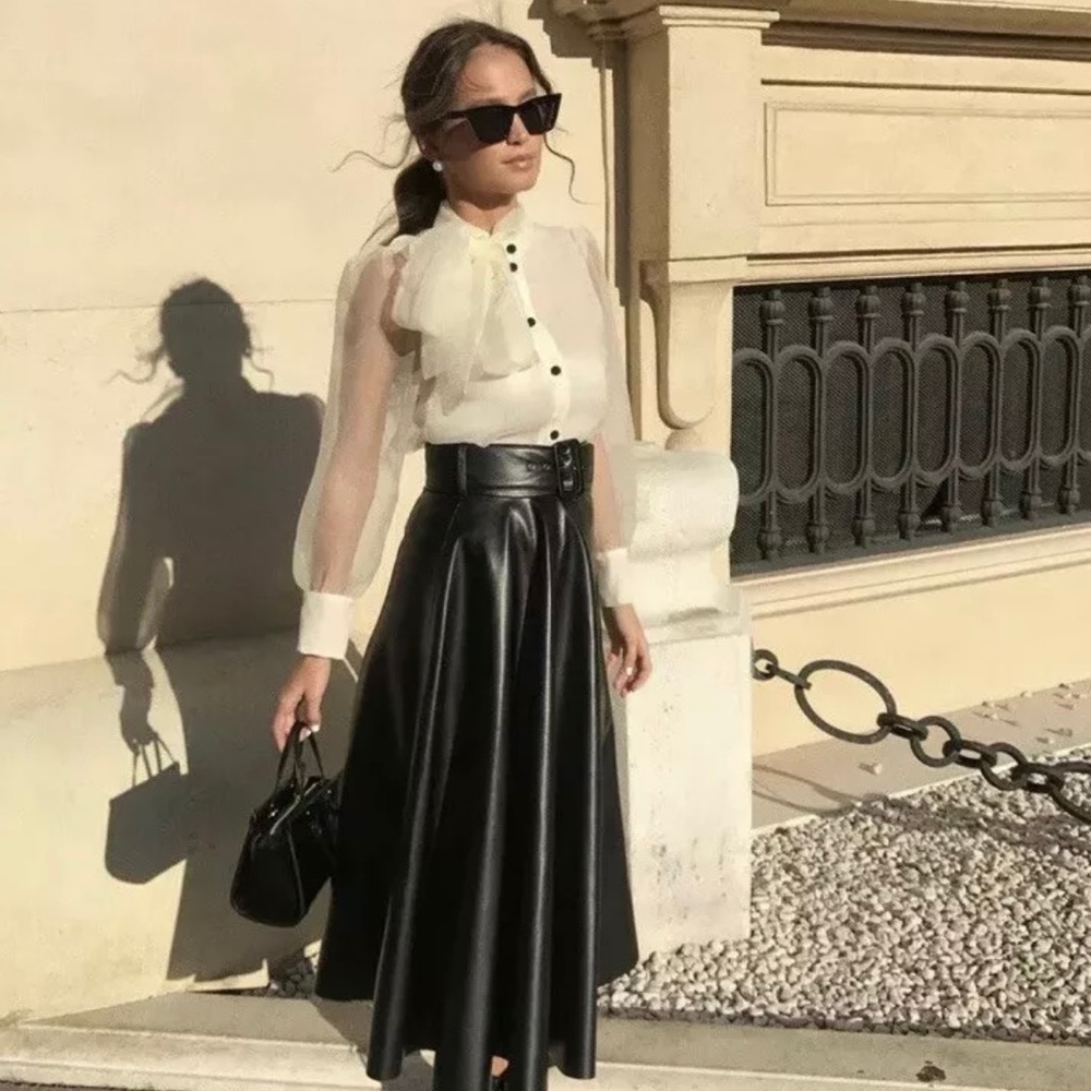 NWT Zara Black Faux Midi Leather Skirt w/ Belt M